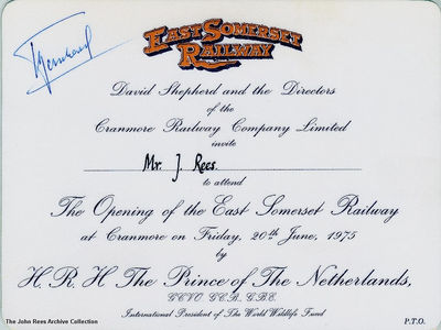 The invitation sent out for the Royal Opening of the East Somerset Railway n 1975